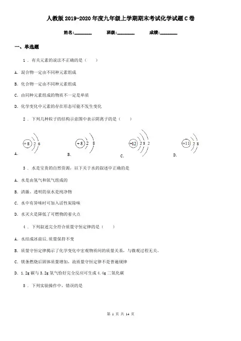 人教版2019-2020年度九年级上学期期末考试化学试题C卷(练习)