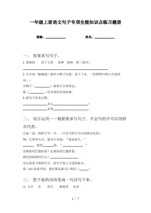 一年级上册语文句子专项全能知识点练习题册