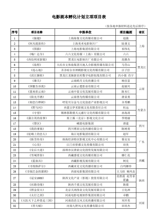 电影剧本孵化计划立项项目表