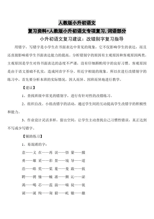 人教版小升初语文复习资料+人教版小升初语文专项复习,词语部分