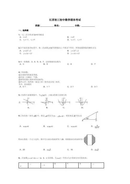 江苏初三初中数学期末考试带答案解析
