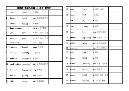 译林版 英语八年级 上 单词 默写