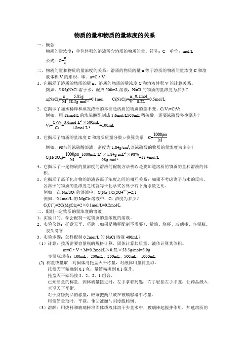 物质的量和物质的量浓度的关系