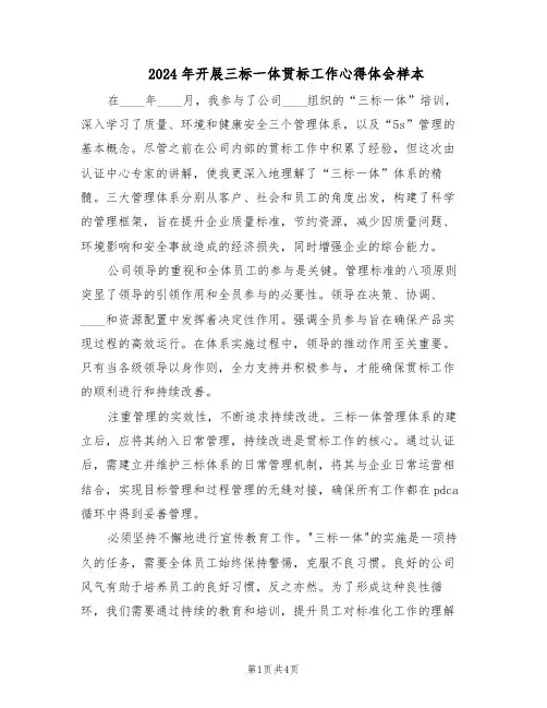 2024年开展三标一体贯标工作心得体会样本（3篇）