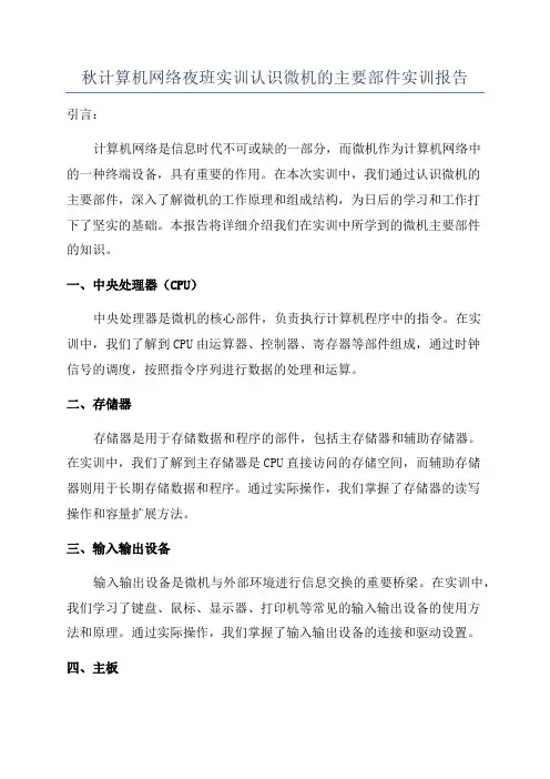 秋计算机网络夜班实训认识微机的主要部件实训报告