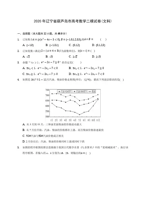 2020年辽宁省葫芦岛市高考数学二模试卷(文科) (解析版)