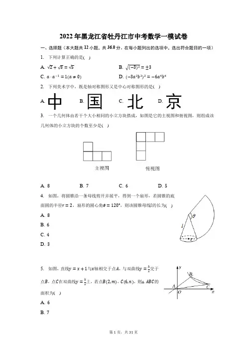 2022年黑龙江省牡丹江市中考数学一模试题及答案解析