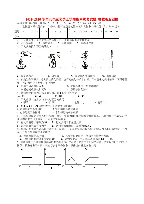 2019-2020学年九年级化学上学期期中统考试题 鲁教版五四制