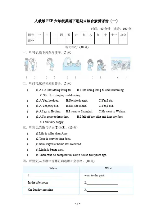 人教版PEP六年级英语下册期末综合素质评价 附答案 (1)