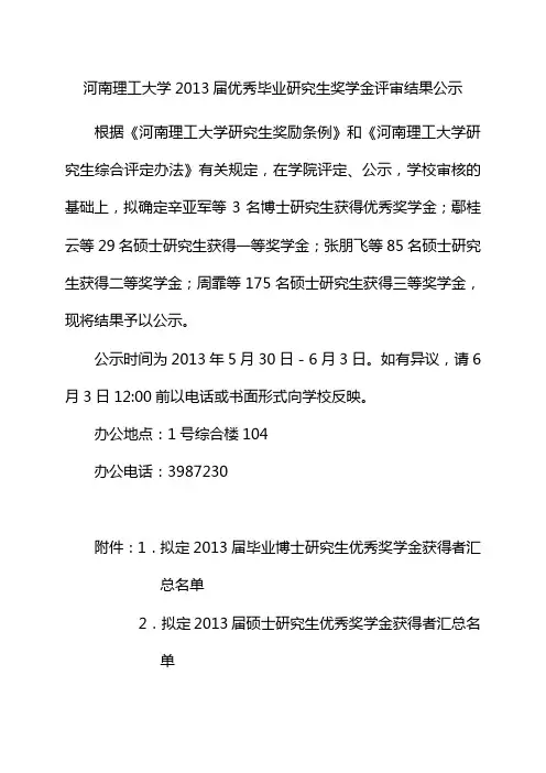 河南理工大学2013届优秀毕业研究生奖学金评审结果公示
