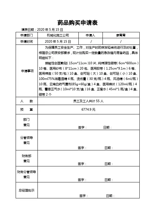 急救箱药品购买申请表2020