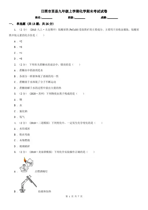 日照市莒县九年级上学期化学期末考试试卷
