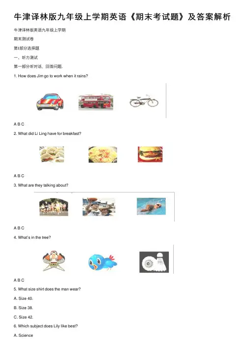 牛津译林版九年级上学期英语《期末考试题》及答案解析