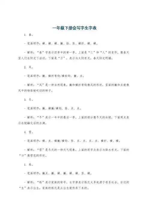 一年级下册会写字生字表