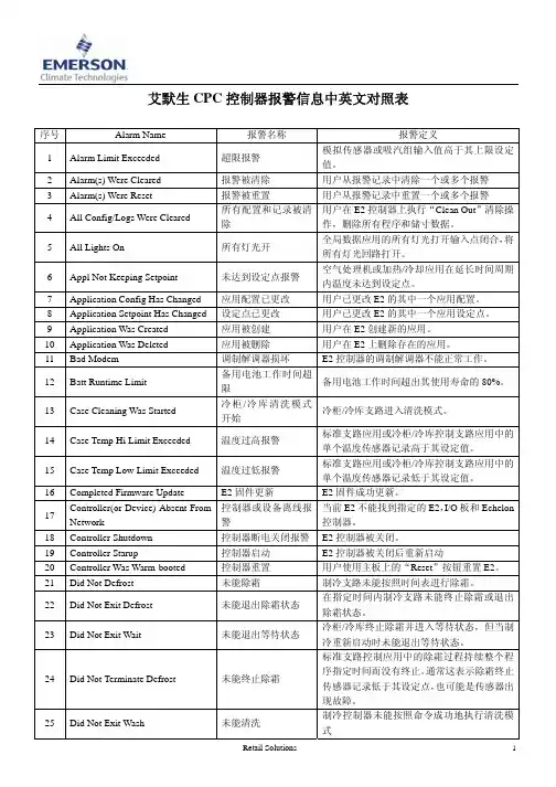 艾默生CPC 控制器报警信息中英文对照表