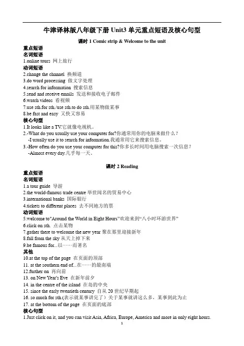 初中英语 牛津译林版八年级下册Unit3单元重点短语及核心句型