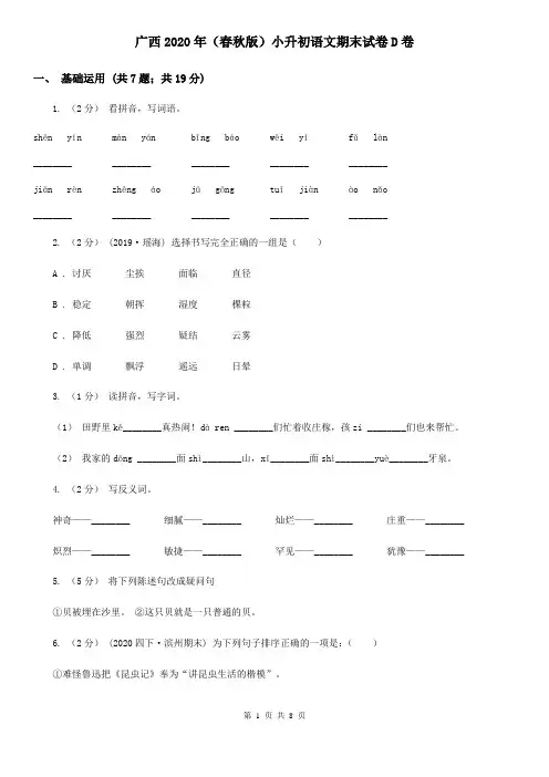 广西2020年(春秋版)小升初语文期末试卷D卷(新版)