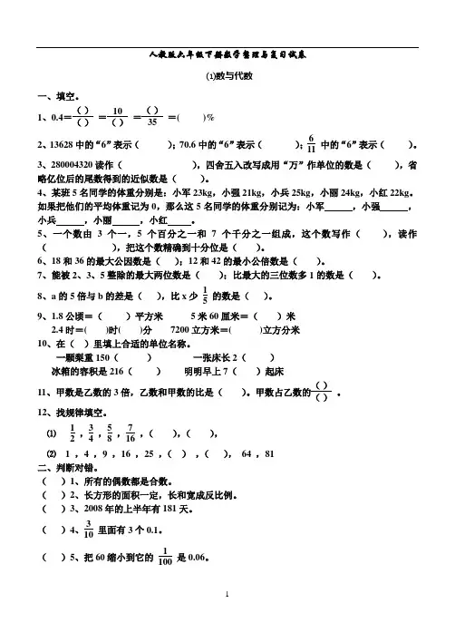 人教版六年级数学下册第六单元整理与复习《数与代数》测试卷题1