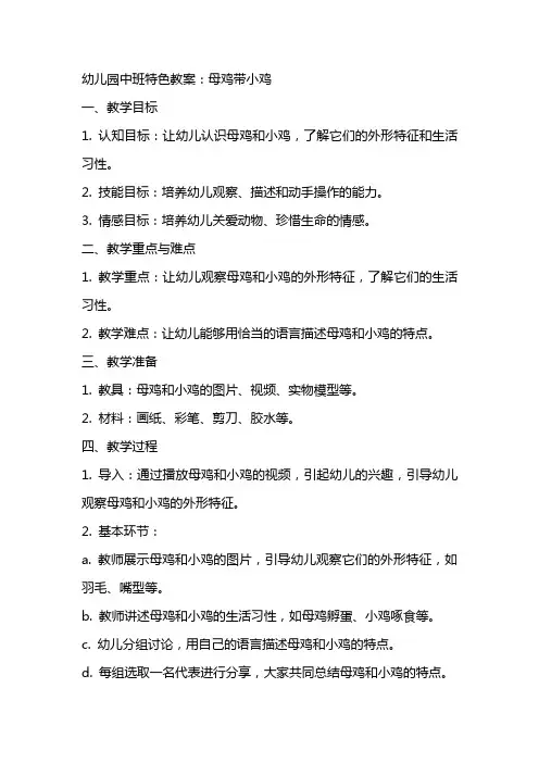 幼儿园中班特色教案：母鸡带小鸡