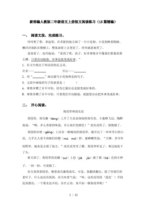 新部编人教版二年级语文上册短文阅读练习(15篇精编)