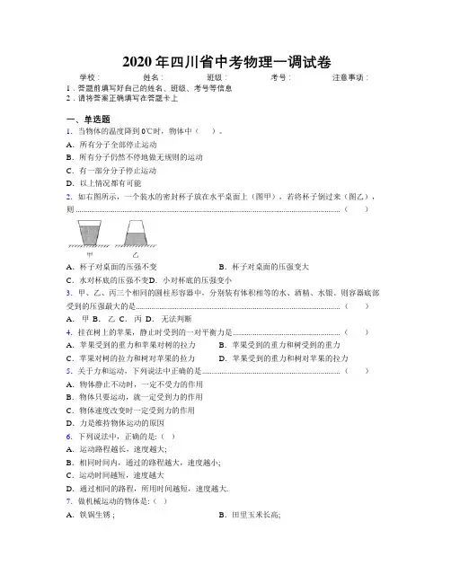 2020年四川省中考物理一调试卷附解析