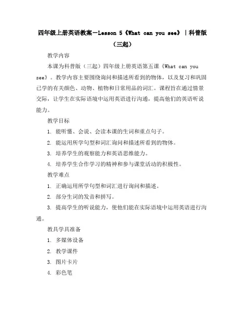 四年级上册英语教案-Lesson5《Whatcanyousee》｜科普版(三起)