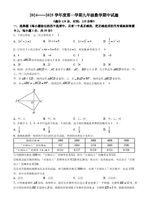 山东省菏泽市2024—2025学年上学期九年级数学期中试题(含答案)