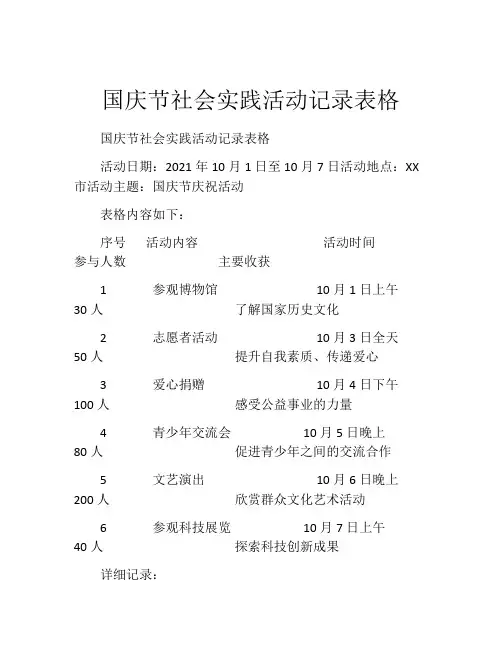 国庆节社会实践活动记录表格