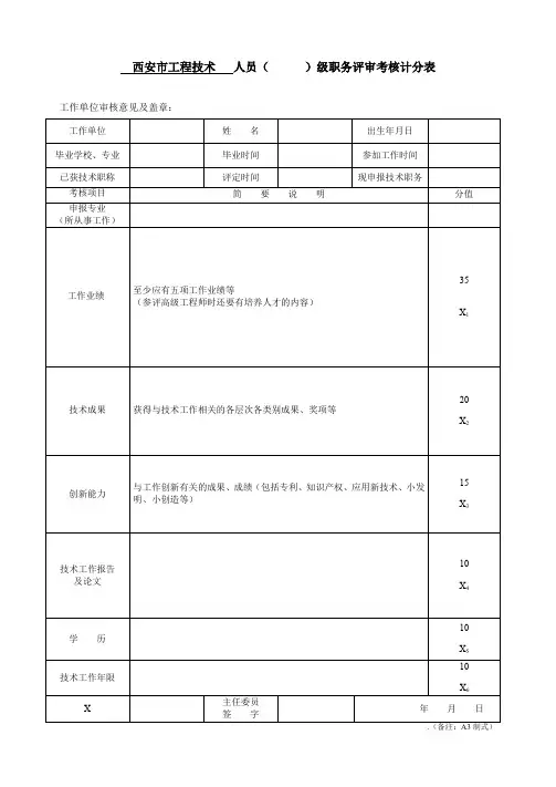 西安市工程技术人员()级职务评审考核计分表