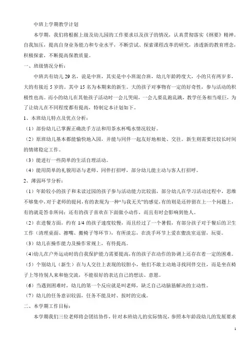 中班上学期教学计划 3