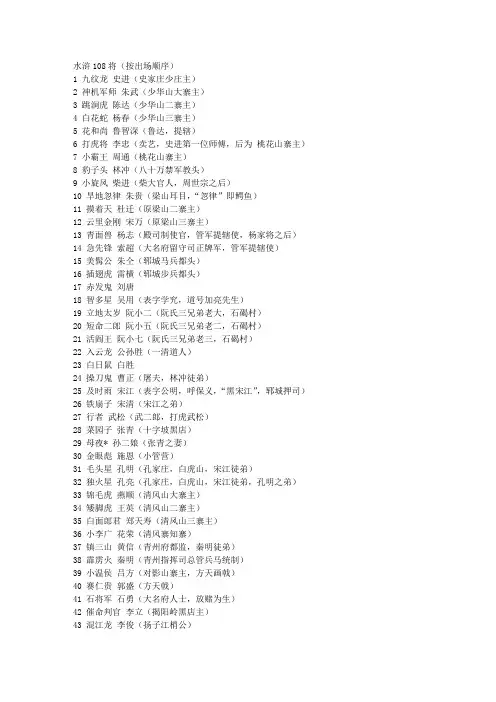 水浒传108好汉名字,绰号