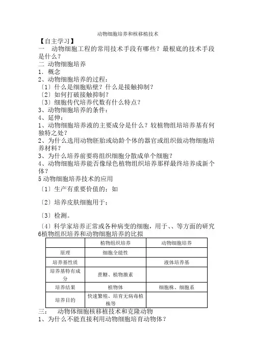2022年 第九中学高中生物选修三学案：2.2.1 动物细胞培养和核移植技术
