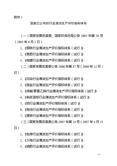 (清洁生产)国家已公布的行业清洁生产评价指标体系