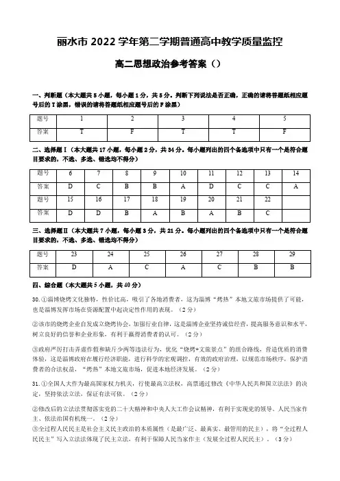 浙江省丽水市高二下学期普通高中期末教学质量监控政治参考答案
