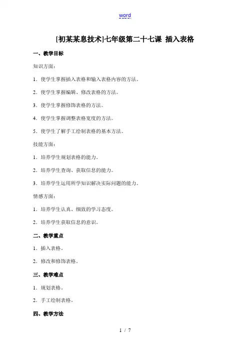 初中信息技术七年级 第二十七课 插入表格