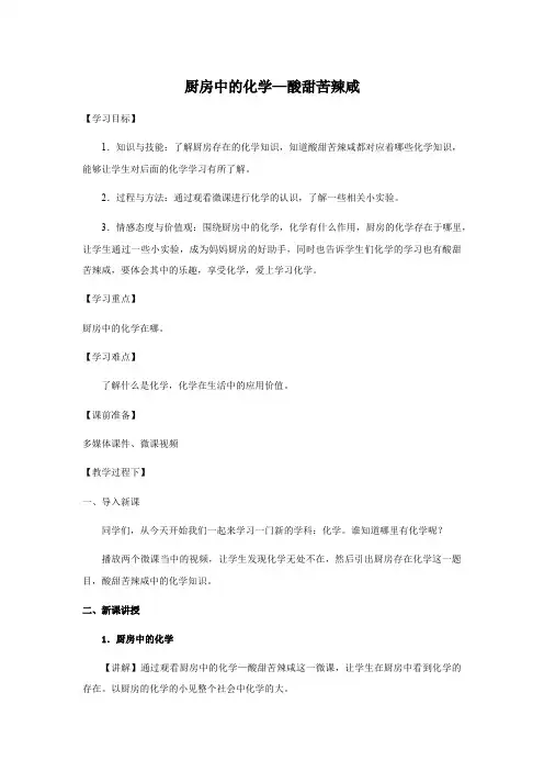 厨房中的化学—酸甜苦辣咸 初中初三九年级化学教案教学设计教学反思 人教版