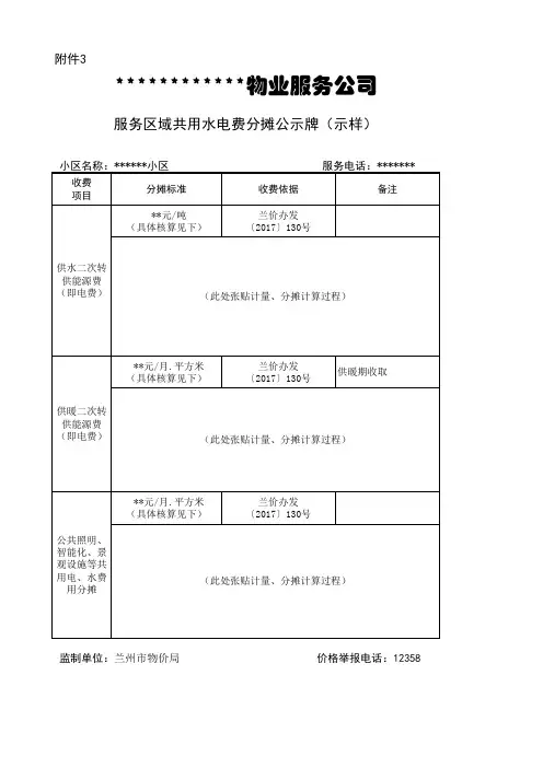 服务区域共用水电费分摊公示牌(示样)
