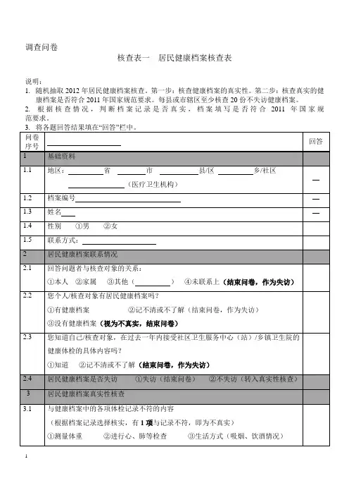 2012年度国家基本公共卫生服务项目核查表范文