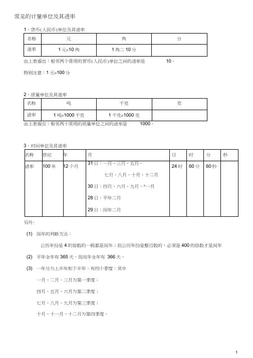 常见的计量单位及其进率