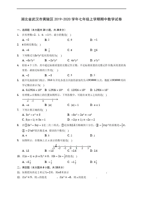 湖北省武汉市黄陂区2019-2020学年七年级上学期期中数学试卷 (含答案解析)