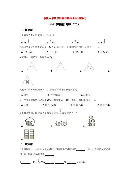 【3套打包】上海市小升初第一次模拟考试数学试卷含答案(1)