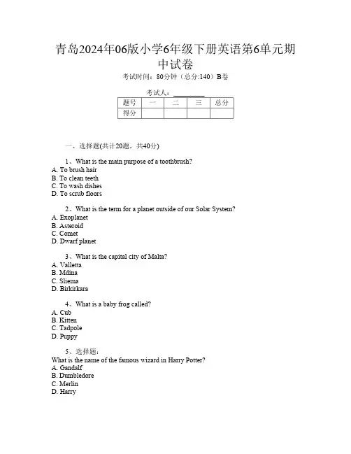 青岛2024年06版小学6年级下册第13次英语第6单元期中试卷