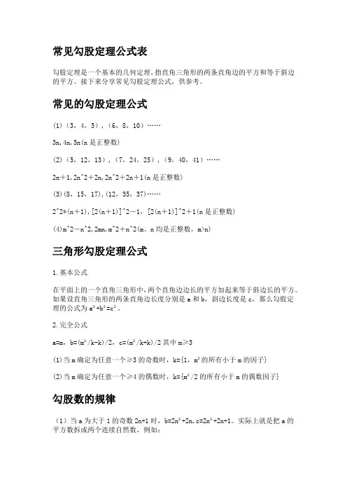常见勾股定理公式表