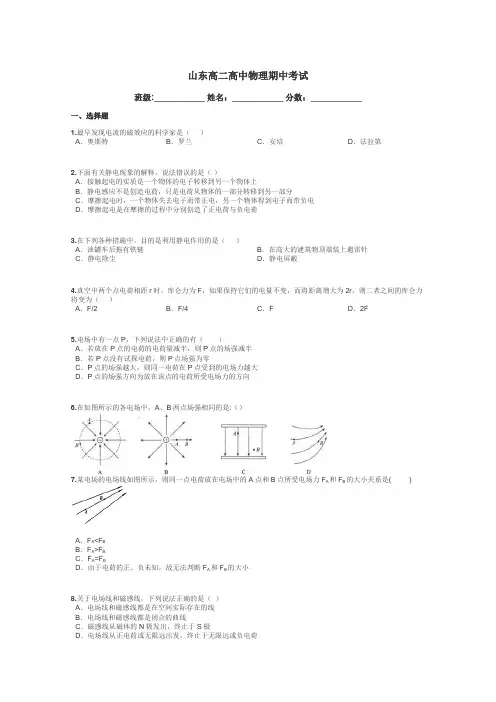 山东高二高中物理期中考试带答案解析
