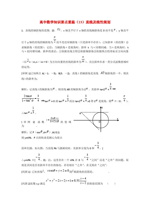 高中数学知识要点重温(13)直线及线性规划知识点分析