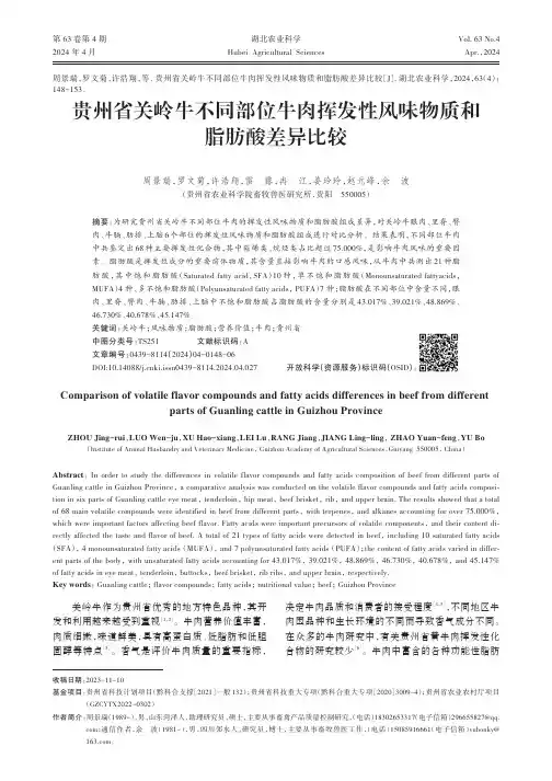 贵州省关岭牛不同部位牛肉挥发性风味物质和脂肪酸差异比较