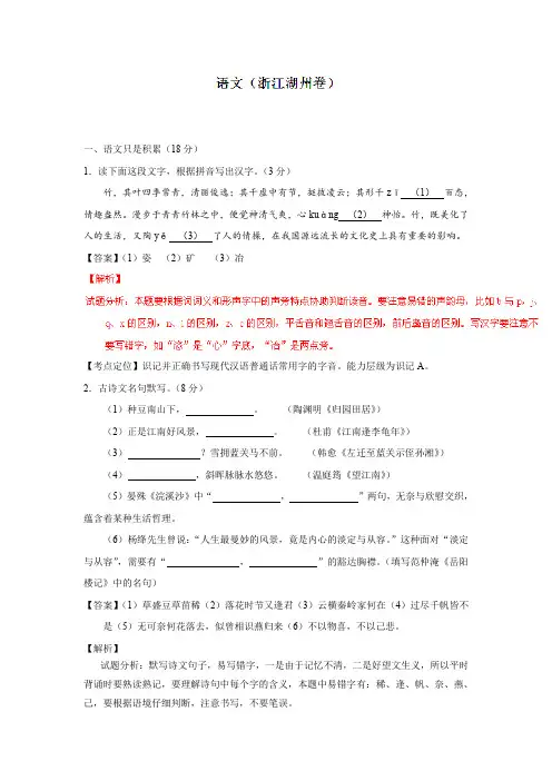 浙江湖州2020中考语文模拟测试卷(解析版)
