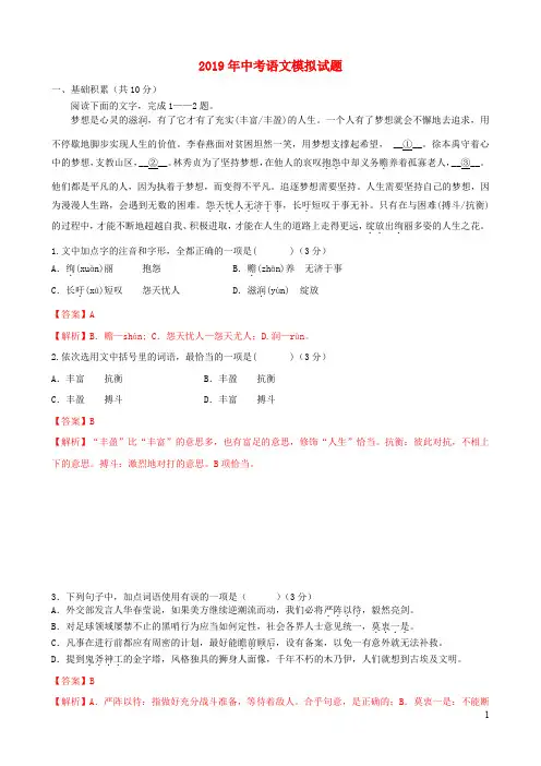 山东省邹城市2019年中考语文模拟题一)