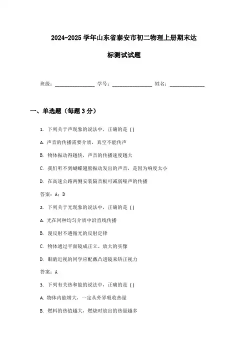 2024-2025学年山东省泰安市初二物理上册期末达标测试试题及答案