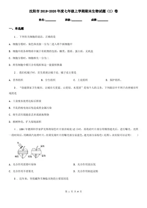 沈阳市2019-2020年度七年级上学期期末生物试题(I)卷